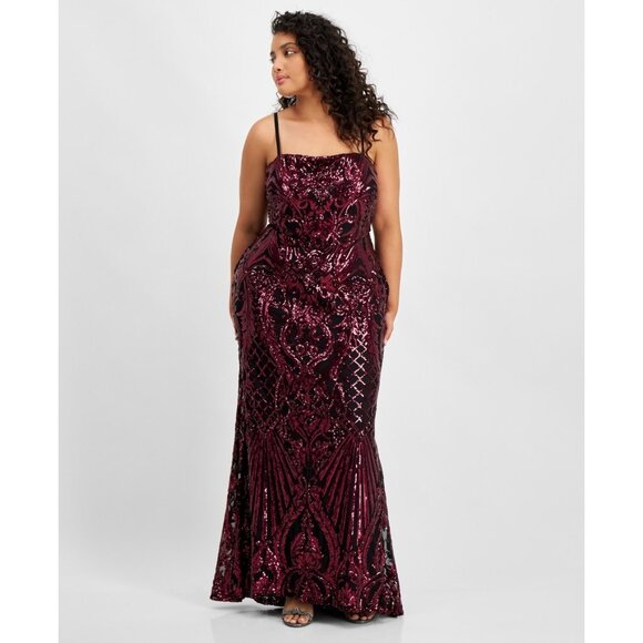 B Darlin Plus Size 18W Sequin Tie-back Square-Neck Gown Black Pink MSRP $149